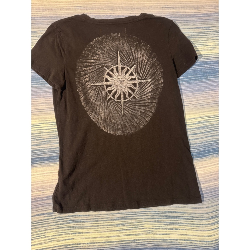 Upcycled Black V-Neck Celestial Sun Compass Block Print Tee‎ Womens Medium